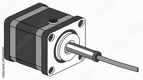 A detailed vector illustration of a mechanical stepper motor with a protruding shaft and mounting holes