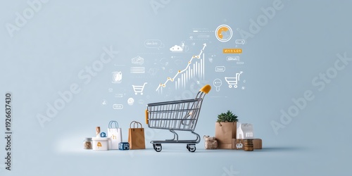 Shopping cart filled with items on a simple background with growth icons and graphics