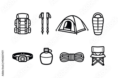 Camping mountain hike gear: hiking backpack, trekking poles, camping tent, sleeping bag, headlamp, water canteen, rope coil, folding chair