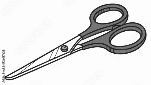 A pair of scissors with gray handles and silver blades on a white background