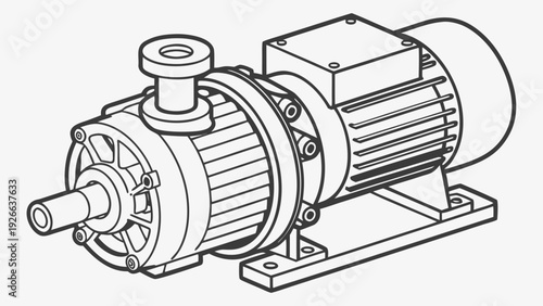 A detailed line art illustration of an industrial electric motor and pump assembly
