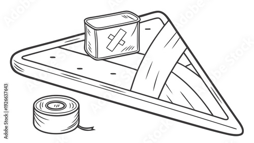 Precision engineering illustration of valve spool on a rectangular tray with wire and tape, vector art