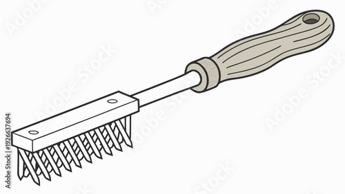 A vector graphic illustration of a garden rake with a wooden handle and metal tines