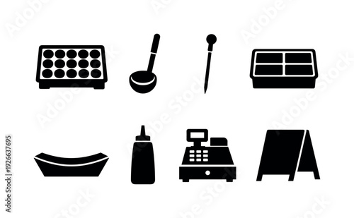 Takoyaki stand equipment: takoyaki pan, batter ladle, pick skewer, ingredient tray, paper tray, sauce bottle, cash register, menu board