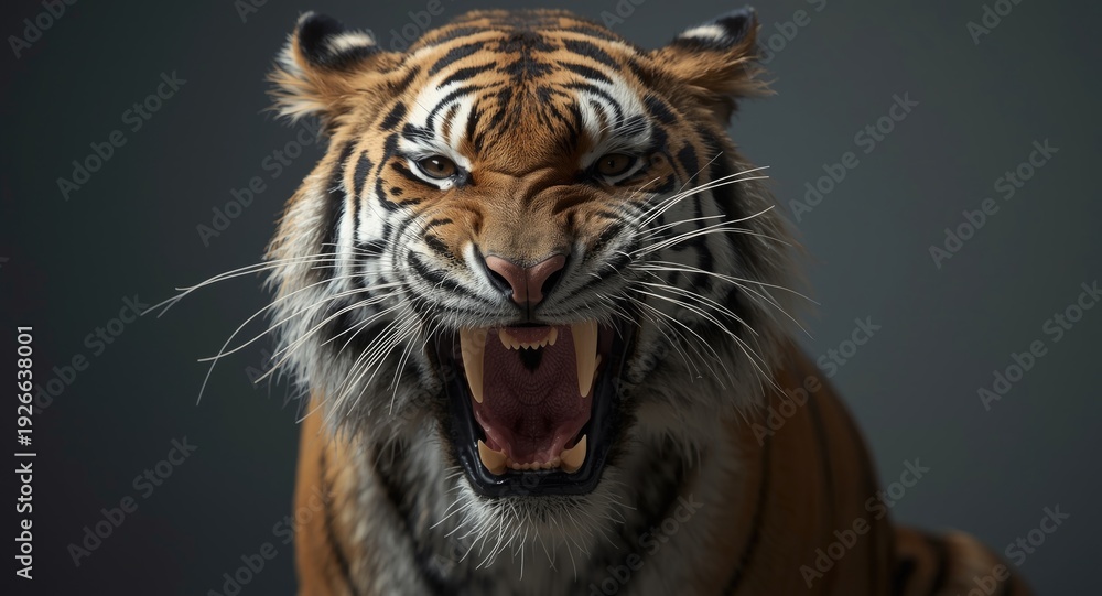 Obraz premium Tiger growling with teeth exposed and intense facial features