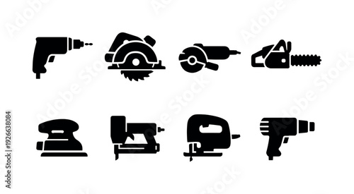 Power tools: electric drill, circular saw, angle grinder, chainsaw, sander, nail gun, jigsaw, heat gun