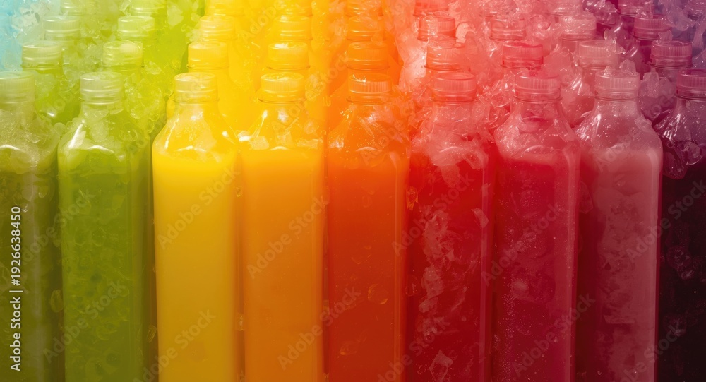 Obraz premium Fresh tropical juice bottles in rainbow colors highlighting kiwi strawberry apple and violet hues