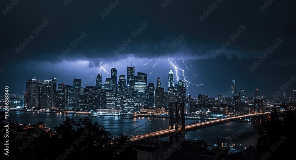 Fototapeta premium Stormy night with dramatic lightning over urban skyline showcasing glittering bridge and illuminated streets