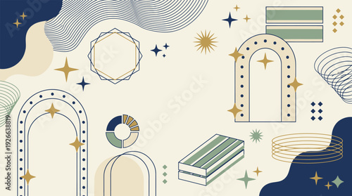 Modern geometric abstract background with elegant arches and wavy lines in a soothing color palette
