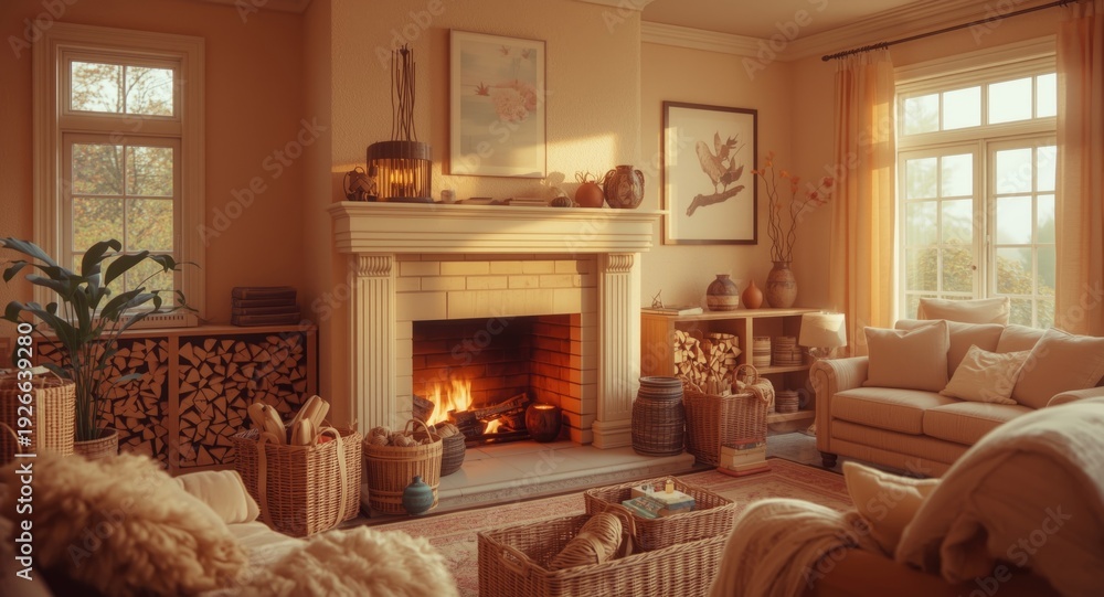 Obraz premium Cozy living room featuring wicker baskets filled with firewood and a charming white fireplace
