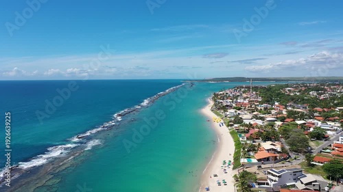 Panoramic view of Barra de Sao Miguel beach on a beautigul sunny summer day. Alagoas State, Brazil 