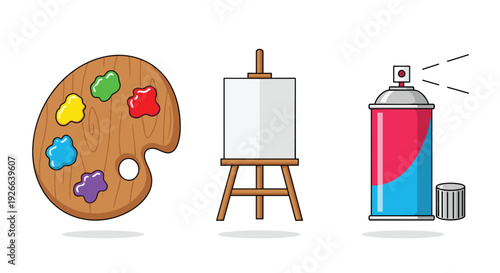 Wooden artist's palette with colorful paint, an easel with a blank canvas, and a blue and red spray paint can on a white background.