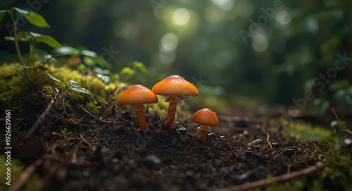 Three mushrooms thriving on...