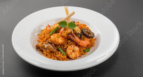 Tangy Tom Yum Fried Rice with Mixed Seafood Including Shrimp and Squid on White Plate with Copy Space