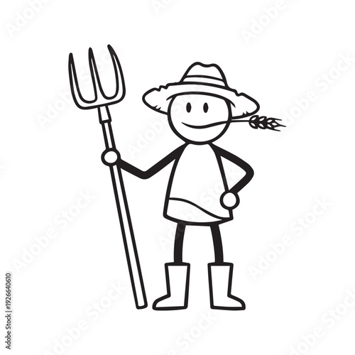 Cartoon stick man drawing illustration of rural farmer or gardener with straw hat and boots holding pitchfork tool.
