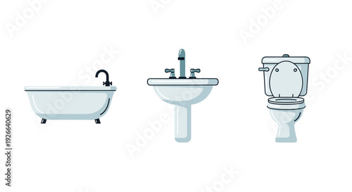 Three standard white bathroom fixtures, including a bathtub with a black faucet, a pedestal sink, and a toilet, are arranged.