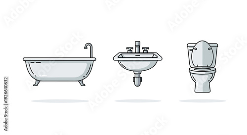 Three white bathroom fixtures including a classic clawfoot bathtub with a faucet, a wall-mounted sink, and a toilet are isolated.