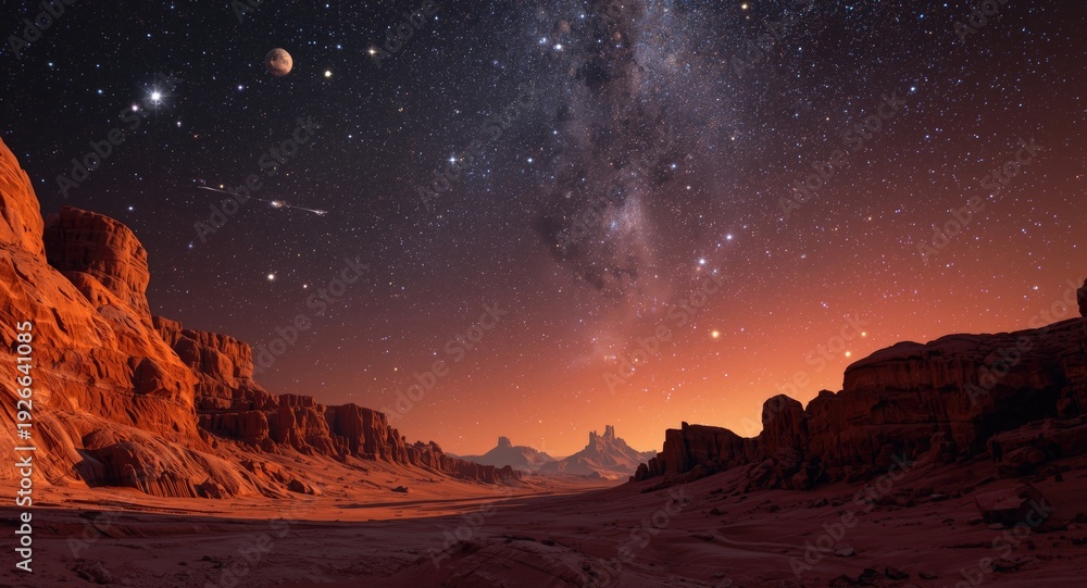 Obraz premium Fantasy alien planet vista with warm orange red rock textures under a vast sky filled with twinkling stars