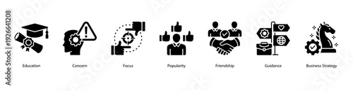 Social and Strategic Values web banner featuring Education, Concern, Focus, Popularity, Friendship, Guidance, and Business Strategy.