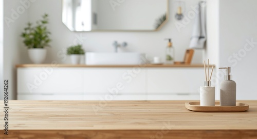 bare wood desk with blurred...