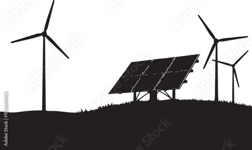 Black silhouette of wind turbines and solar panel on grassy hill