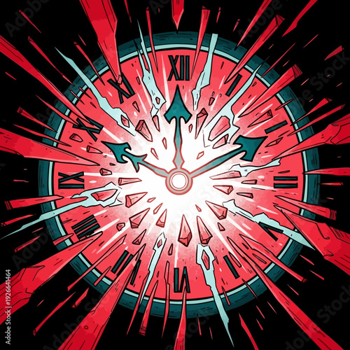 Explosion effect on a red clock face with roman numerals isolated on White Background