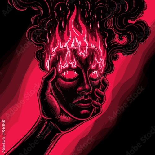 Angry woman with flaming head isolated on White Background
