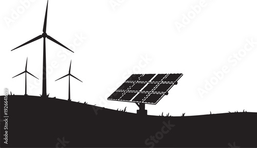 Black silhouette of wind turbines and solar panel on grassy hill