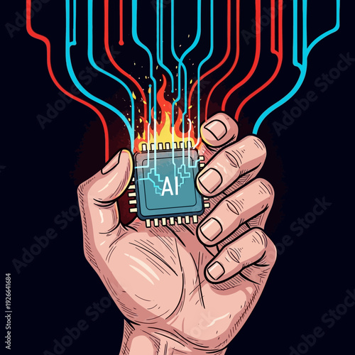 Hand holding AI microchip with colorful circuit lines isolated on White Background