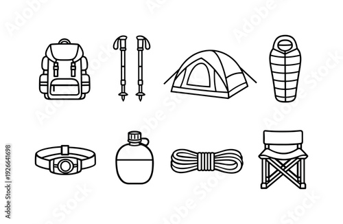 Camping alpine gear: backpack, trekking poles, camping tent, sleeping bag, headlamp, water canteen, rope coil, folding chair