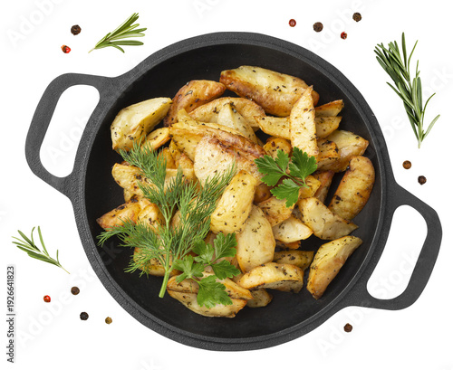 Baked potatoes in a cast iron cauldron with dill and parsley