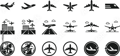 Aviation Icon Set Featuring Airplane Silhouettes, Airport Runways, Global Flight Paths, and Commercial Aircraft Symbols for Travel and Logistics Design Projects