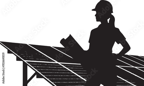 Black silhouette of woman in hardhat standing with solar panels