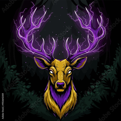 Deer head with purple lightning antlers isolated on White Background