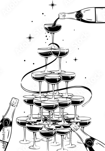 Champagne pyramid pouring bubbles celebration