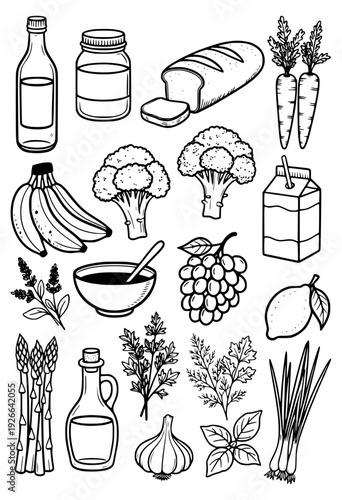 Healthy food ingredients collage icon outline collection