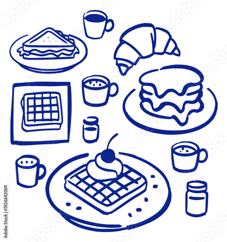 Breakfast table with waffles croissant pancakes sandwich coffee