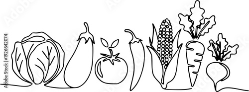 One line continuous drawing vegetables border cabbage eggplant tomato carrot