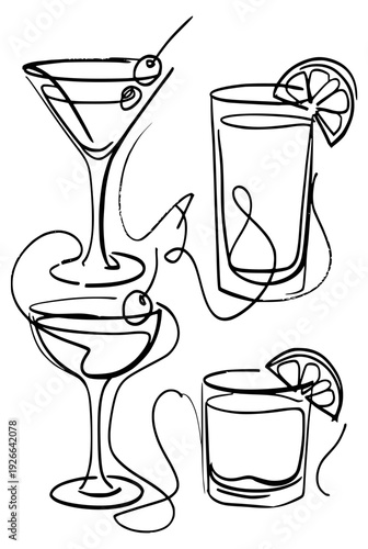 Minimal line drawing martini gin tonic whiskey with olives lemon