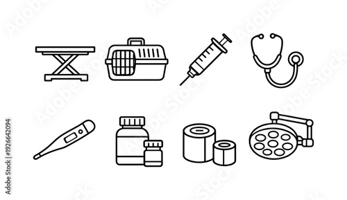Veterinary clinic equipment: examination table, pet carrier, syringe, stethoscope, thermometer, medicine bottle, bandage roll, surgical lamp