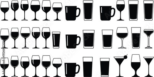 Black and white nature silhouette collection featuring storks, lotus flowers, and various tree outlines for botanical and wildlife vector design