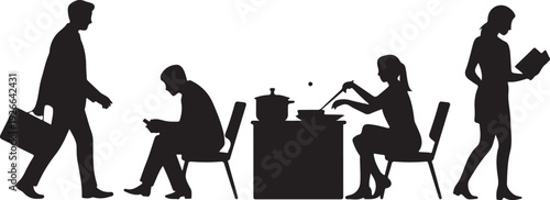 Black silhouettes of people in various activities white background