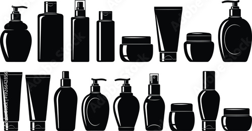 Black silhouette collection of cosmetic bottles jars and tubes isolated on white background for beauty hygiene skincare and packaging design