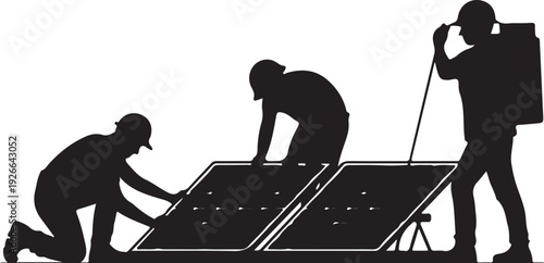 Black silhouettes of three workers installing solar panels
