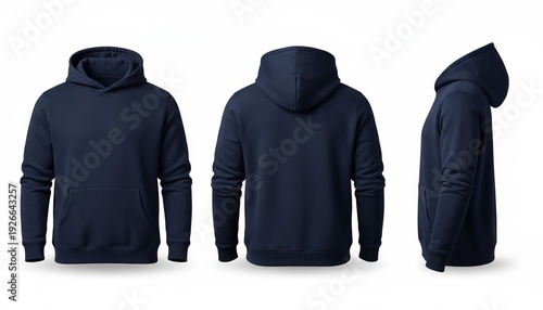 Navy blue hoodie mockup showing front, back, and side views. Blank apparel template for fashion design isolated on white.