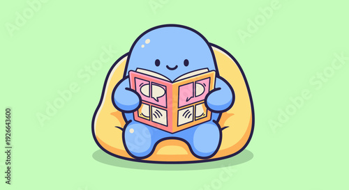 A smiling blob character sits comfortably reading a comic book in a relaxed pose