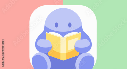 Illustration of robot character reading comic book in simple comic style