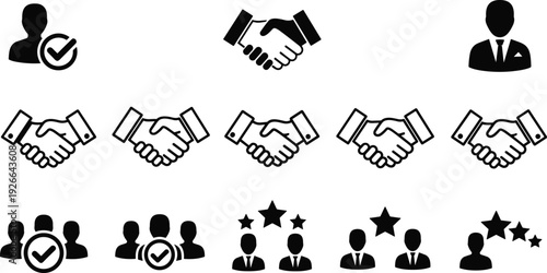 Business Handshake and Professional Recruitment Icons for Partner Selection, Candidate Vetting, Customer Rating Stars, Team Collaboration, and Successful Corporate Agreement.