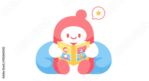 A cartoon character happily reads a comic book on a blue cushion in a simple, clean style.