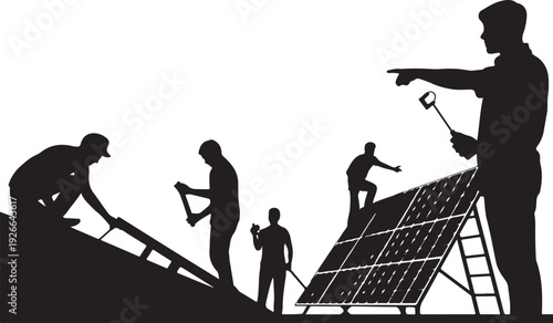 Black silhouettes of workers installing solar panels on roof